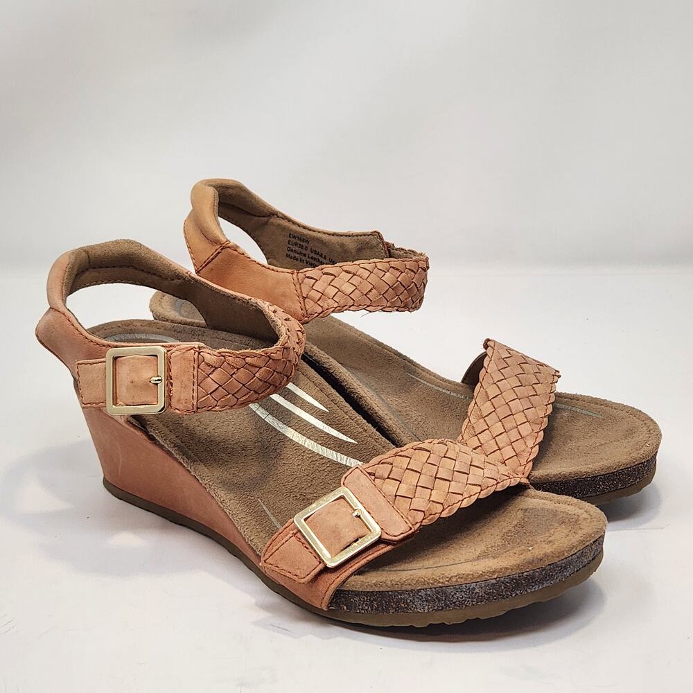 Aetrex Grace Adjustable Woven Wedge Sandal Women Size 8.5 Tangerine Leather